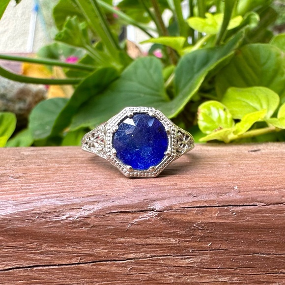 Vintage 3 Carat Sapphire Ring, 14k White Gold Filigree, Sz 6 EUC - Picture 2 of 13